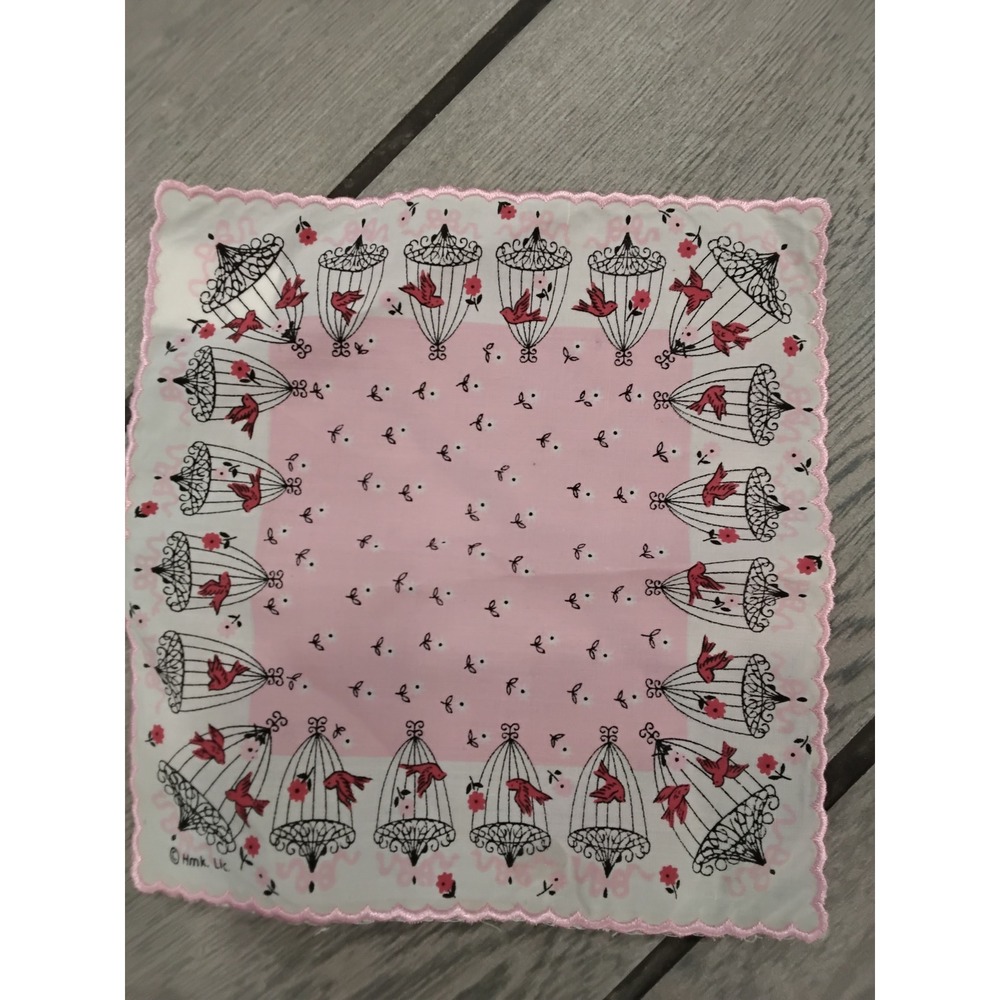 Hallmark Cute Pink Bird‎ Cages Flowers Handkerchief Scarf Bandana 10x10